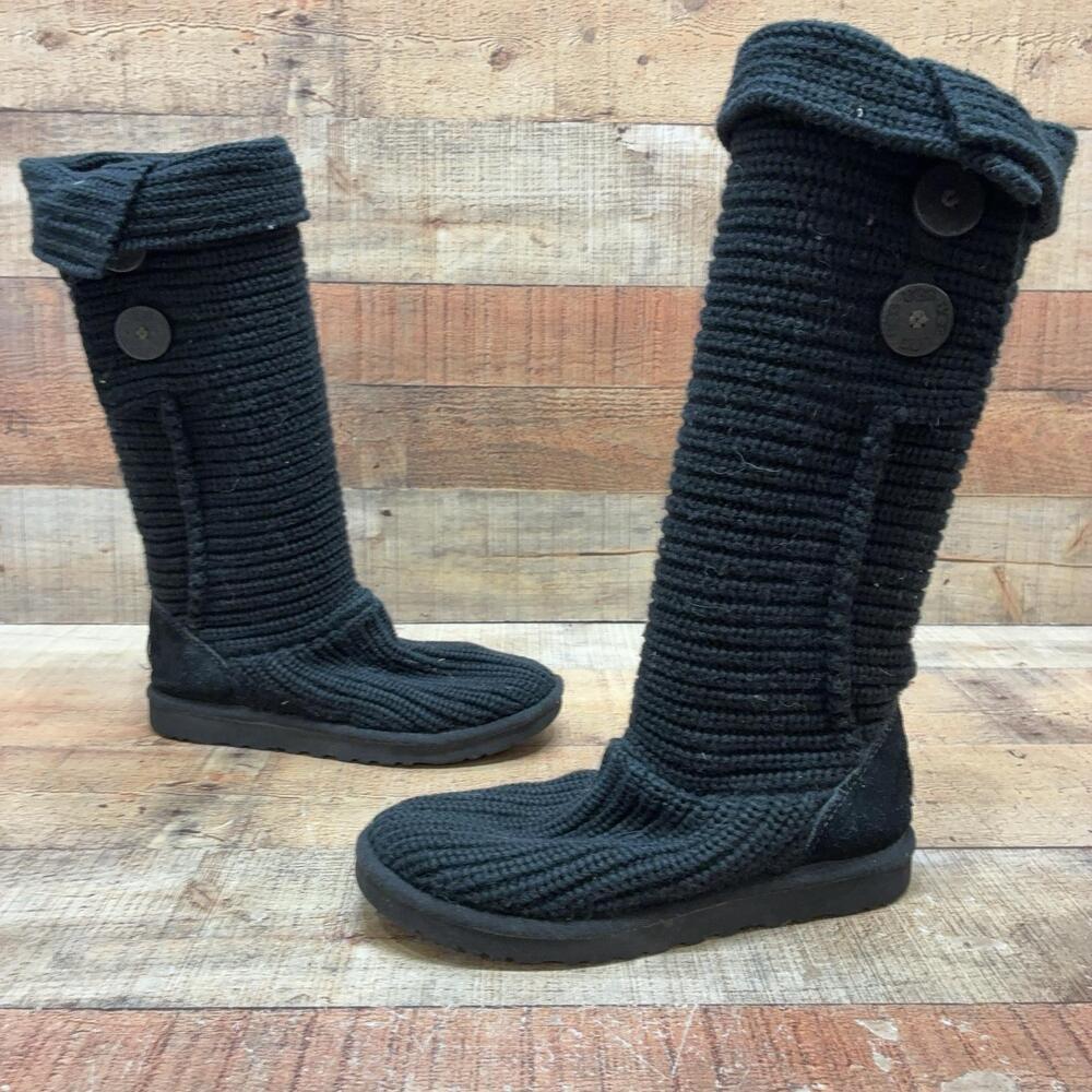 UGG 5819 Classic Cardy Boots Womens Size 7 38 Black Knit Button Knee High Winter